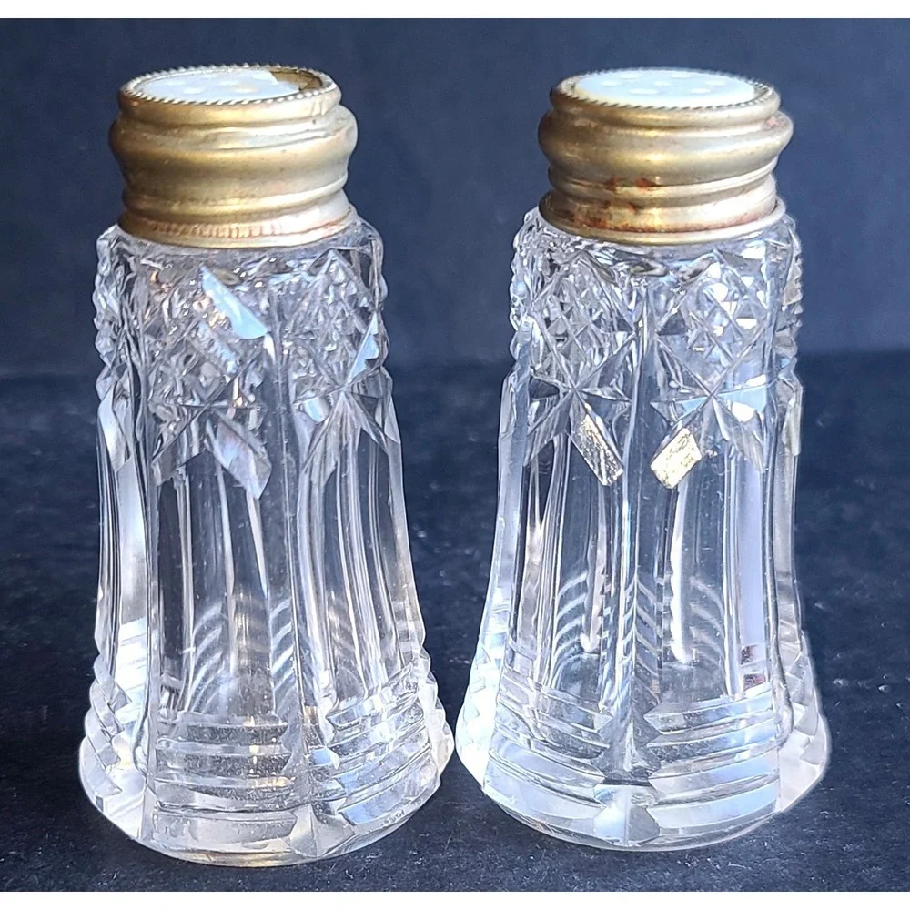Vintage Crystal Salt-n-Pepper Shakers Metal Lids Mother of Pearl Lids Sterling‎